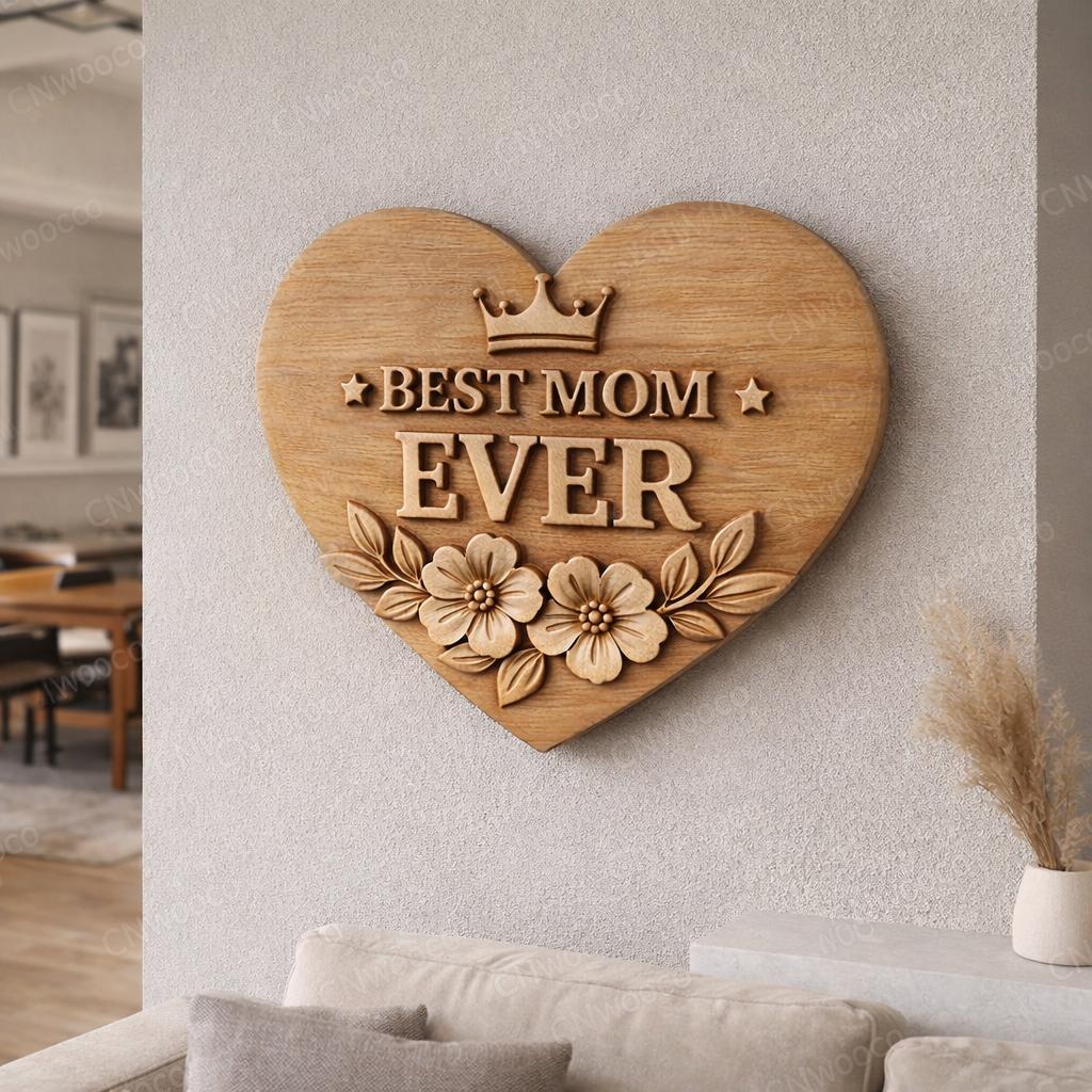 Fichier CNC & impression 3D panneau Best Mom Ever cœur floral – bas-relief bois pour cadeau fête des mères, décoration murale STL