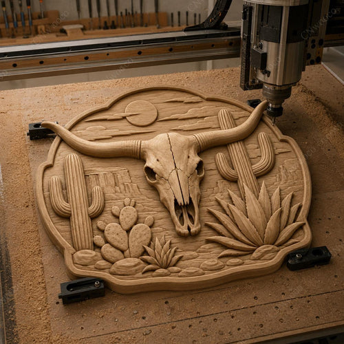 CNC & impression 3D crâne longhorn avec cactus et désert western, fichier STL très haute qualité