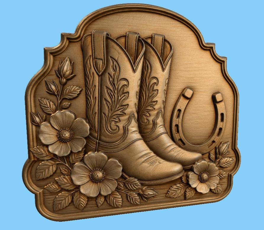 CNC & impression 3D relief bottes cowboy et fer à cheval, fichier western bois, STL de haute qualité, à personnaliser