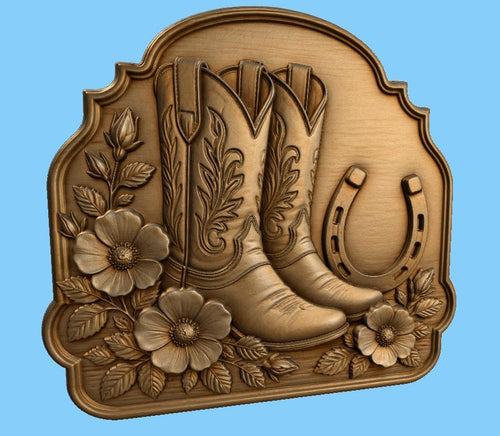 CNC & impression 3D relief bottes cowboy et fer à cheval, fichier western bois, STL de haute qualité, à personnaliser