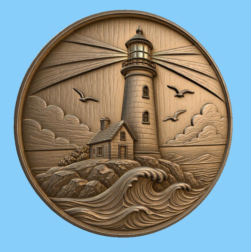 CNC & 3D-Druck Leuchtturm-Relief am Meer mit Wellen, nautische Dekoration, STL-Datei sehr hohe Qualität