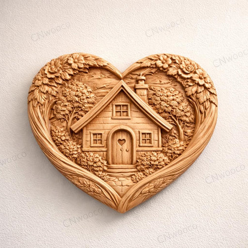 Fichier CNC cottage cœur romantique, bas-relief bois, décoration murale amour, modèle gravure 3D STL