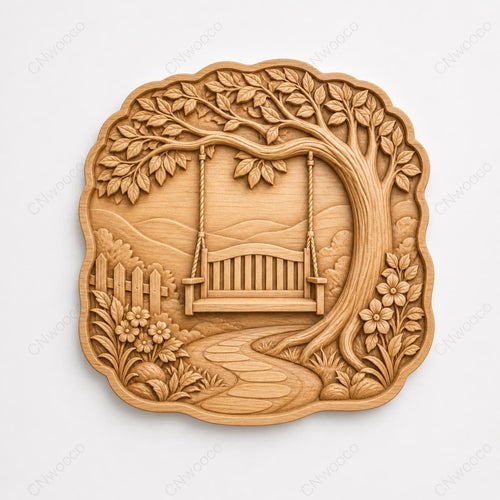 CNC & impression 3D relief balançoire de jardin sous arbre fleuri, fichier STL très haute qualité