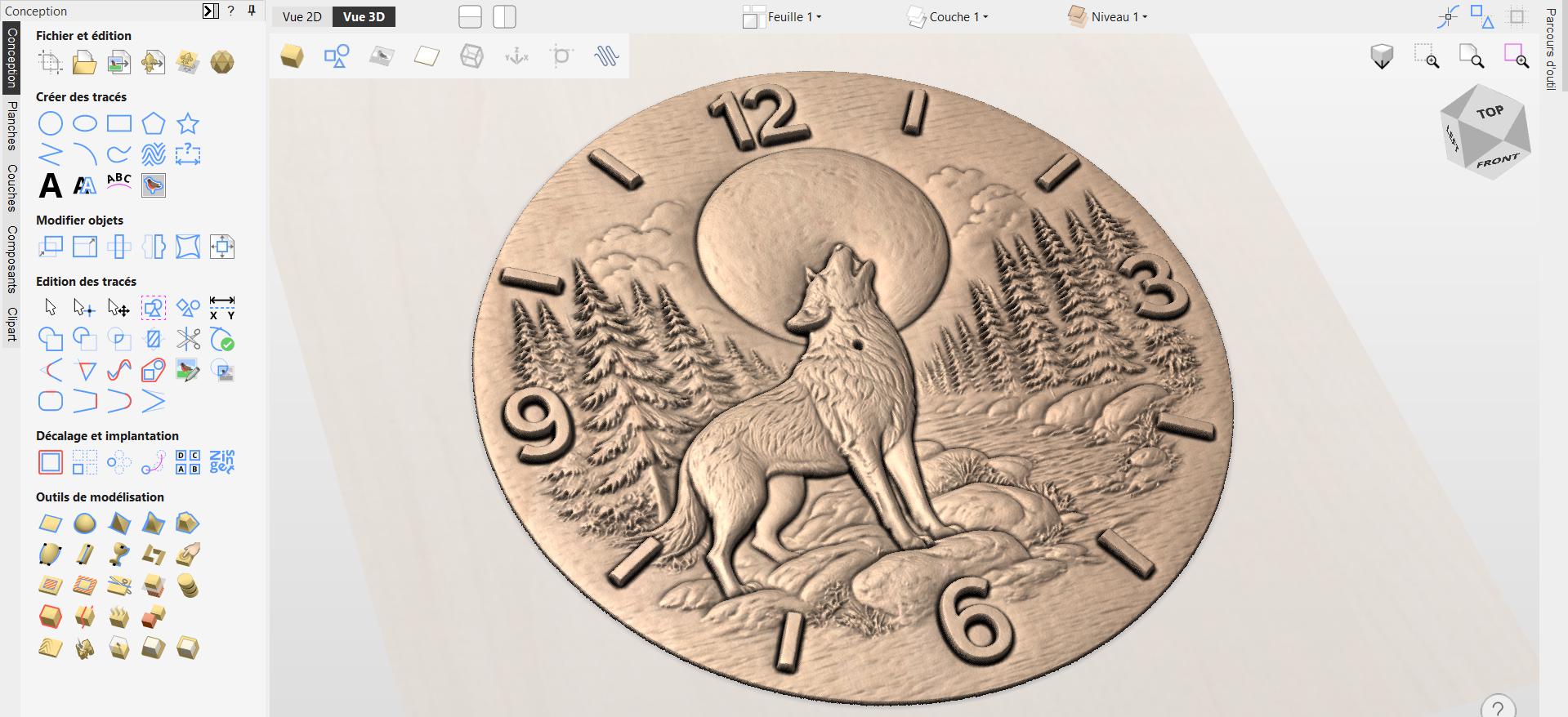 Fichier CNC horloge loup et lune – bas-relief faune sauvage pour sculpture bois, décoration murale STL