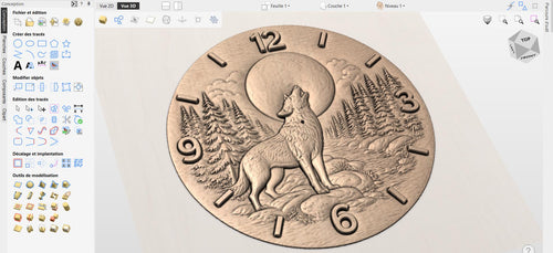Fichier CNC horloge loup et lune – bas-relief faune sauvage pour sculpture bois, décoration murale STL