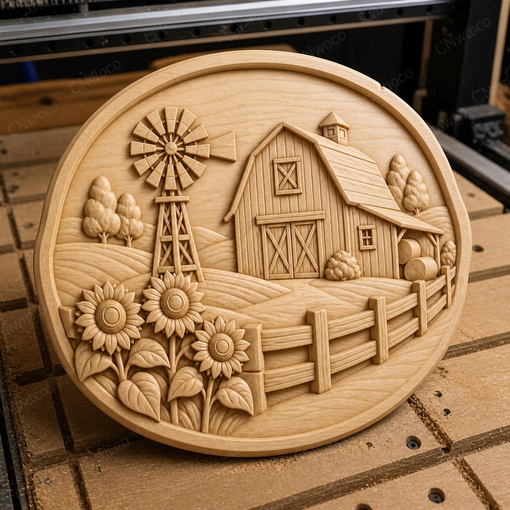 CNC- & 3D-Reliefdruck Bauernscheune mit Mühle und Sonnenblumen, sehr hochwertige STL-Datei