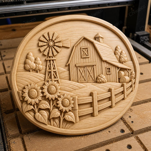 CNC & impression 3D relief grange de ferme avec moulin et tournesols, fichier STL très haute qualité