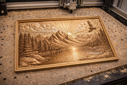 Fichier CNC paysage montagne lac, bas-relief nature bois, décoration murale naturelle, sculpture bois, modèle gravure 3D STL