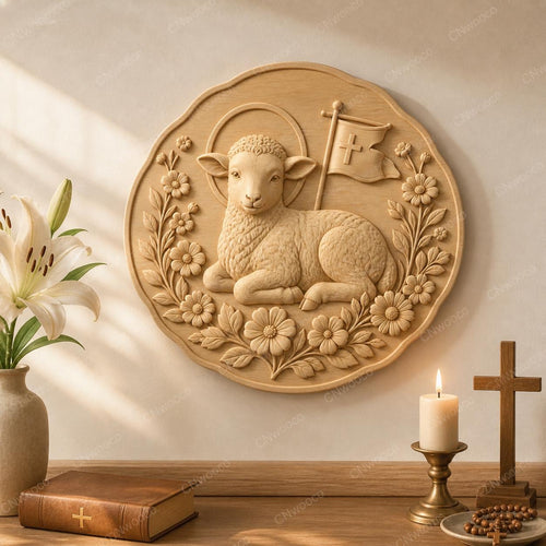 CNC & impression 3D relief agneau chrétien avec fleurs, fichier STL très haute qualité