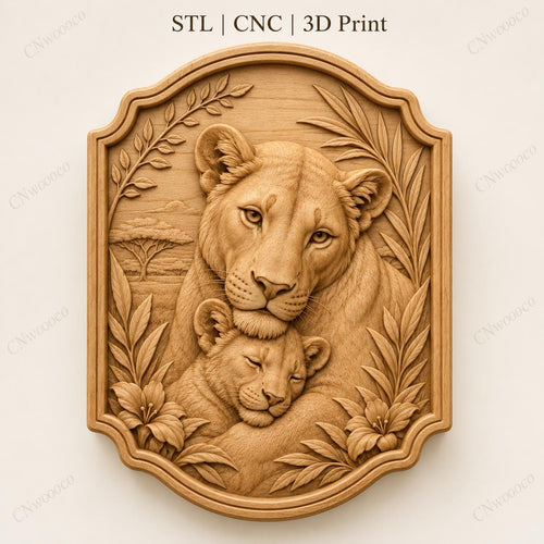 CNC & impression 3D relief lionne et bébé lion, fichier animal wildlife pour gravure bois, STL de haute qualité
