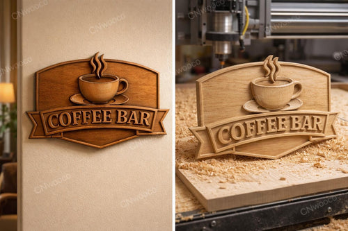 Fichier CNC panneau Coffee Bar, bas-relief bois café rustique, décoration murale cuisine, cadeau barista, modèle gravure 3D STL