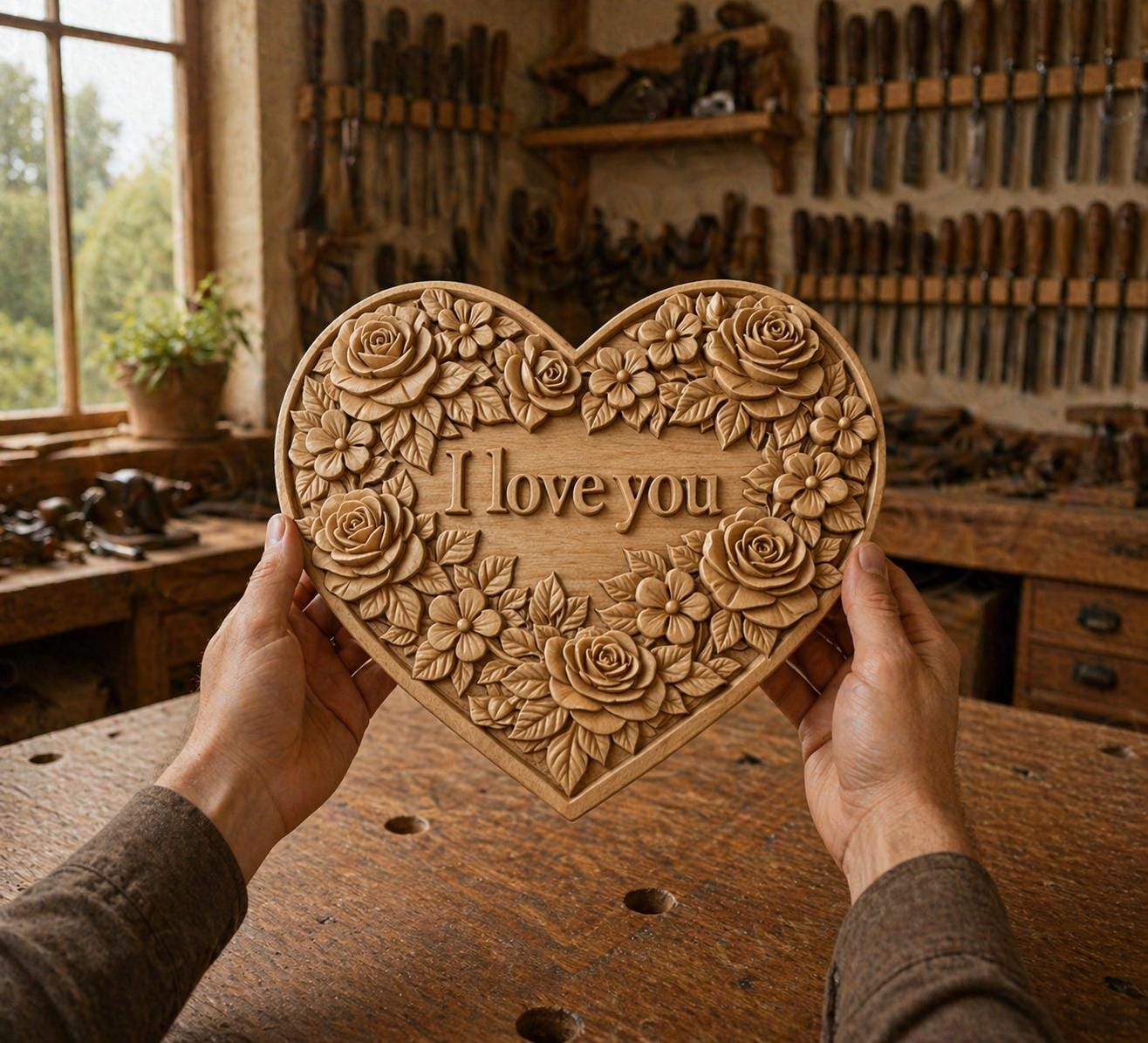 Fichier CNC & impression 3D cœur "I Love You" floral – bas-relief romantique pour sculpture bois, décoration murale STL