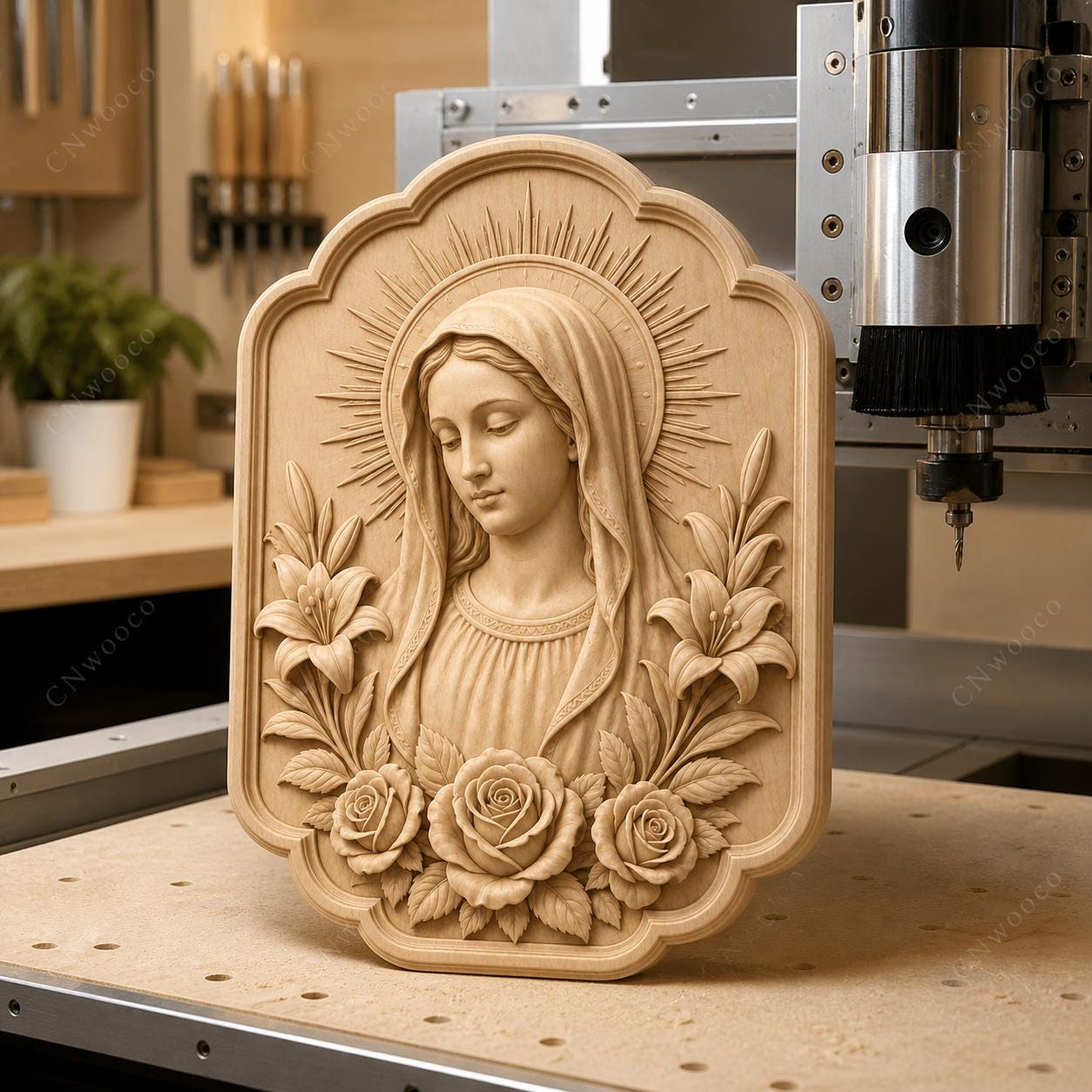 CNC & impression 3D Vierge Marie avec fleurs, STL haute qualité pour sculpture bois et relief religieux