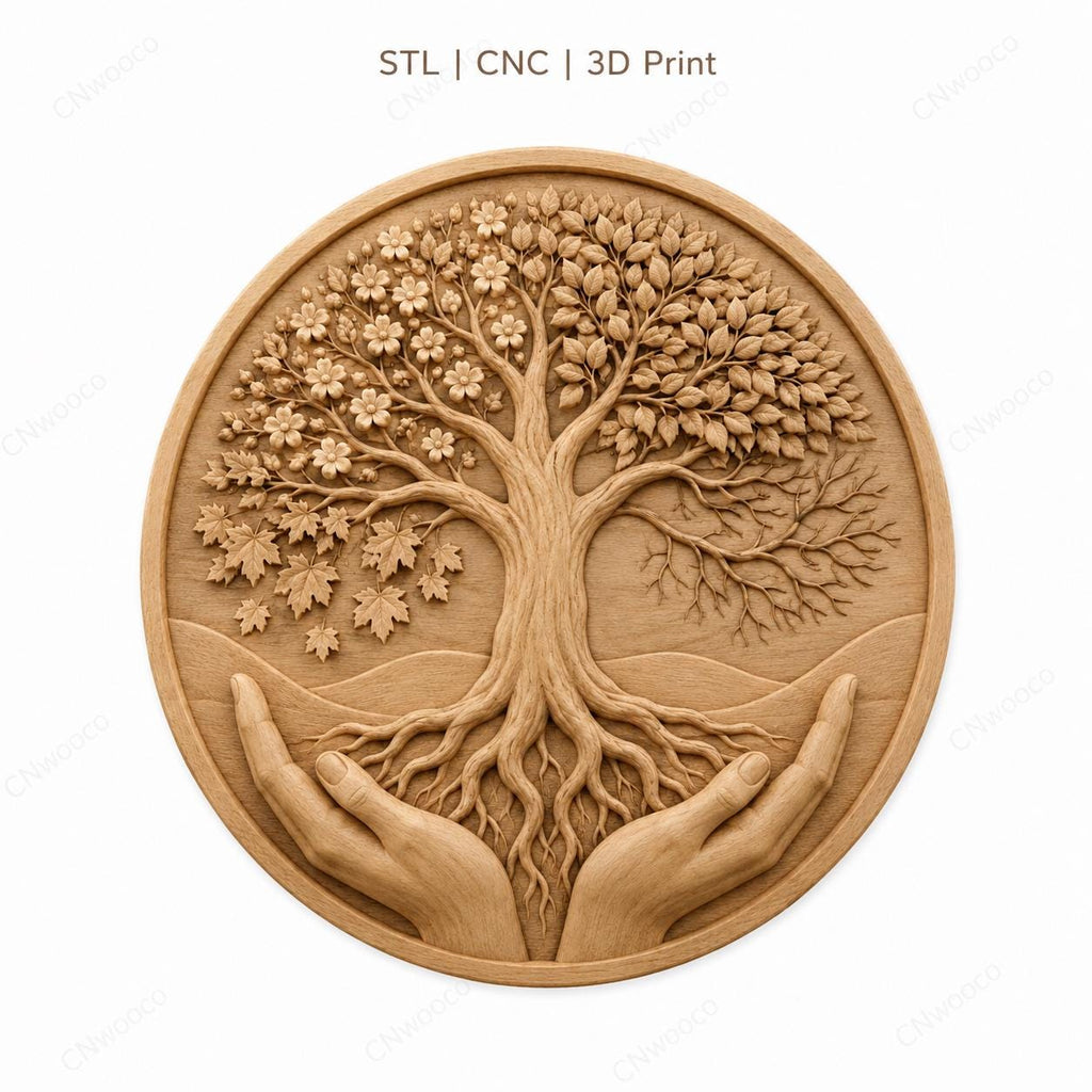 CNC & impression 3D arbre de vie tenu par des mains, fichier STL très haute qualité