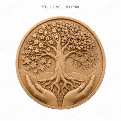 CNC & impression 3D arbre de vie tenu par des mains, fichier STL très haute qualité