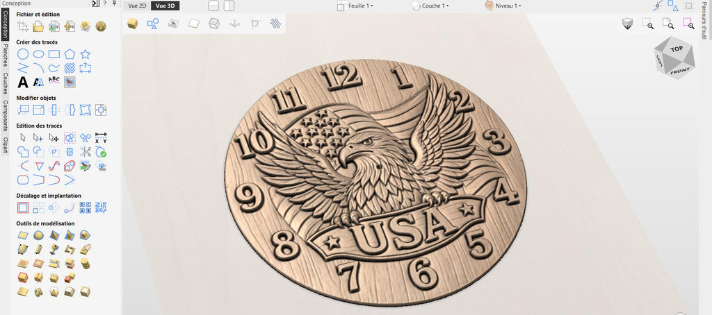 Fichier CNC horloge aigle drapeau USA – bas-relief patriotique pour sculpture bois, décoration murale rustique STL haute qualité