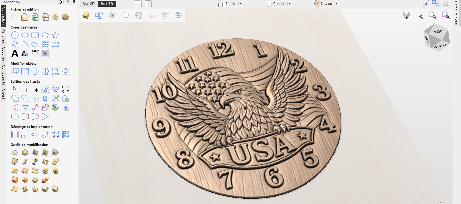 Fichier CNC horloge aigle drapeau USA – bas-relief patriotique pour sculpture bois, décoration murale rustique STL haute qualité