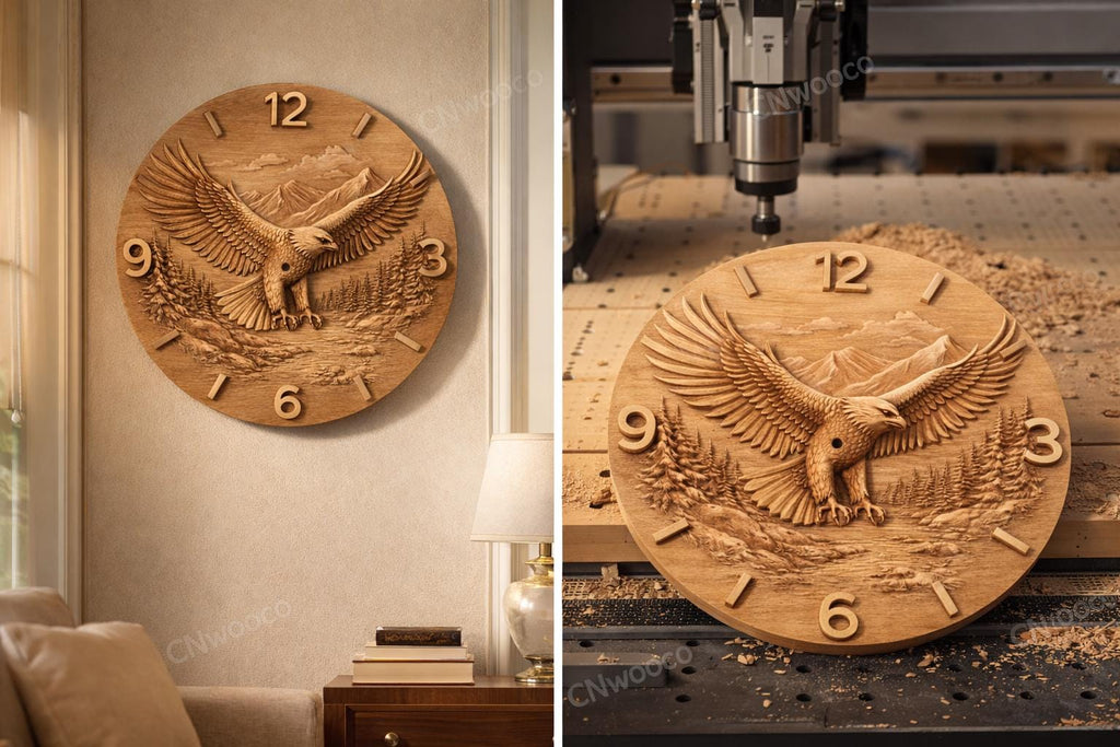 Fichier CNC horloge aigle américain – bas-relief drapeau USA pour sculpture bois, décoration murale patriotique STL