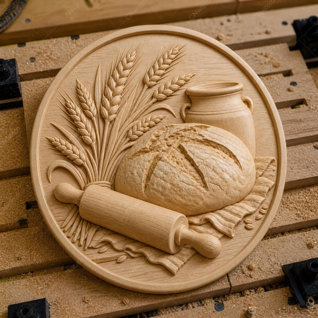 CNC & 3D-Druck, Reliefbild handwerkliches Brot mit Weizen und Rolle, STL-Datei sehr hohe Qualität