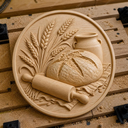 CNC & impression 3D relief pain artisanal avec blé et rouleau, fichier STL très haute qualité