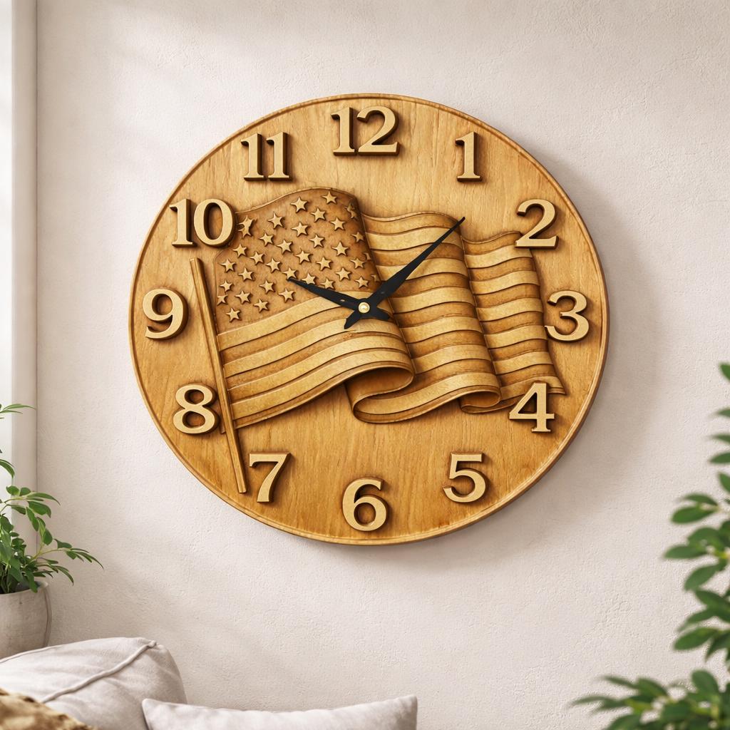 Fichier CNC horloge drapeau américain – bas-relief patriotique pour sculpture bois, décoration murale STL