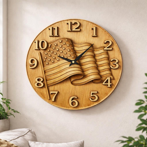 Fichier CNC horloge drapeau américain – bas-relief patriotique pour sculpture bois, décoration murale STL