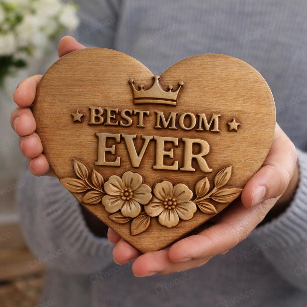 Fichier CNC & impression 3D panneau Best Mom Ever cœur floral – bas-relief bois pour cadeau fête des mères, décoration murale STL