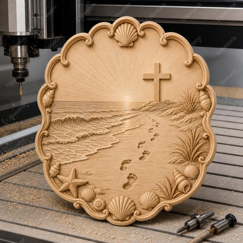 CNC & impression 3D relief plage avec croix et empreintes, fichier STL très haute qualité