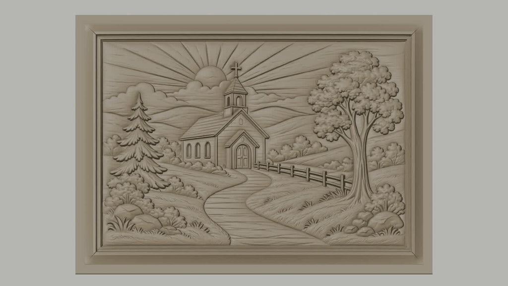 Fichier CNC & impression 3D église de campagne, paysage religieux avec soleil et arbres, haute qualité relief STL