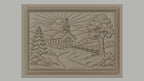 Fichier CNC & impression 3D église de campagne, paysage religieux avec soleil et arbres, haute qualité relief STL