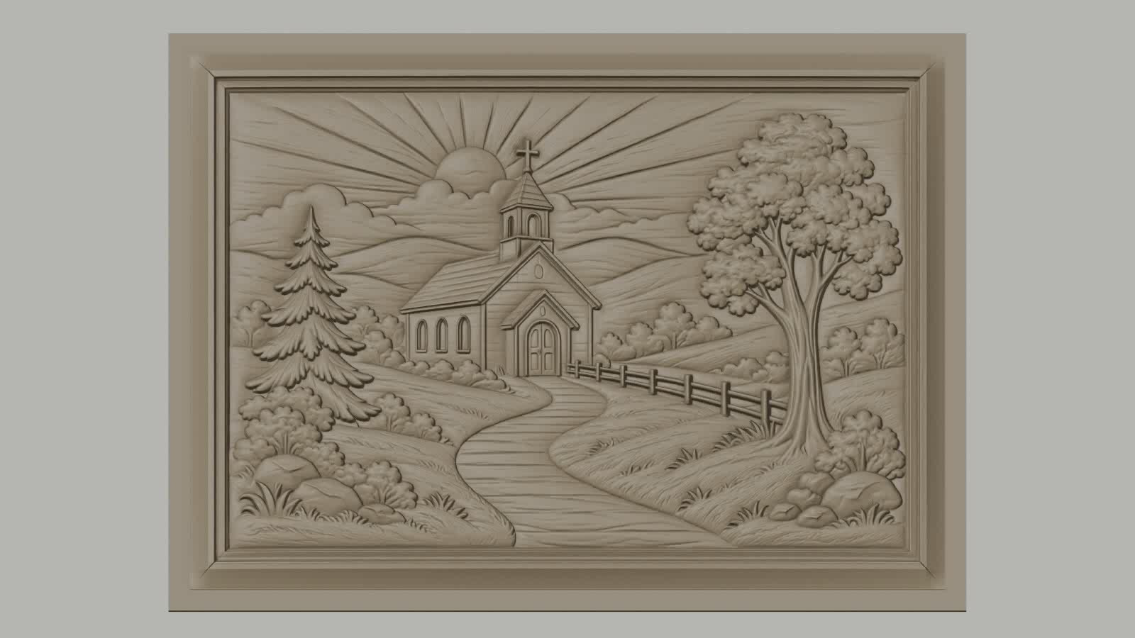 Fichier CNC & impression 3D église de campagne, paysage religieux avec soleil et arbres, haute qualité relief STL