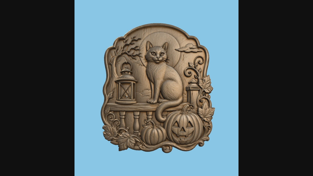 CNC & impression 3D relief chat Halloween avec citrouilles, lanterne et feuilles d’automne, fichier STL très haute qualité