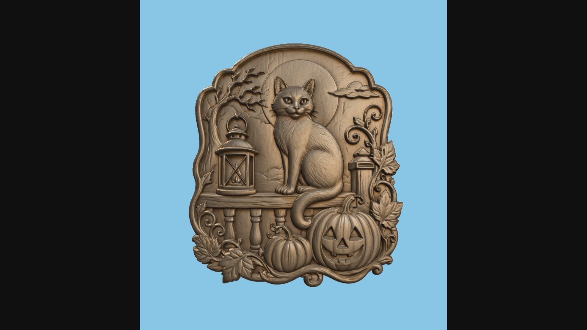 CNC & impression 3D relief chat Halloween avec citrouilles, lanterne et feuilles d’automne, fichier STL très haute qualité