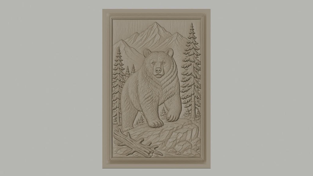 Fichier CNC & impression 3D Ours dans paysage montagneux avec arbres et rochers, haute qualité relief STL