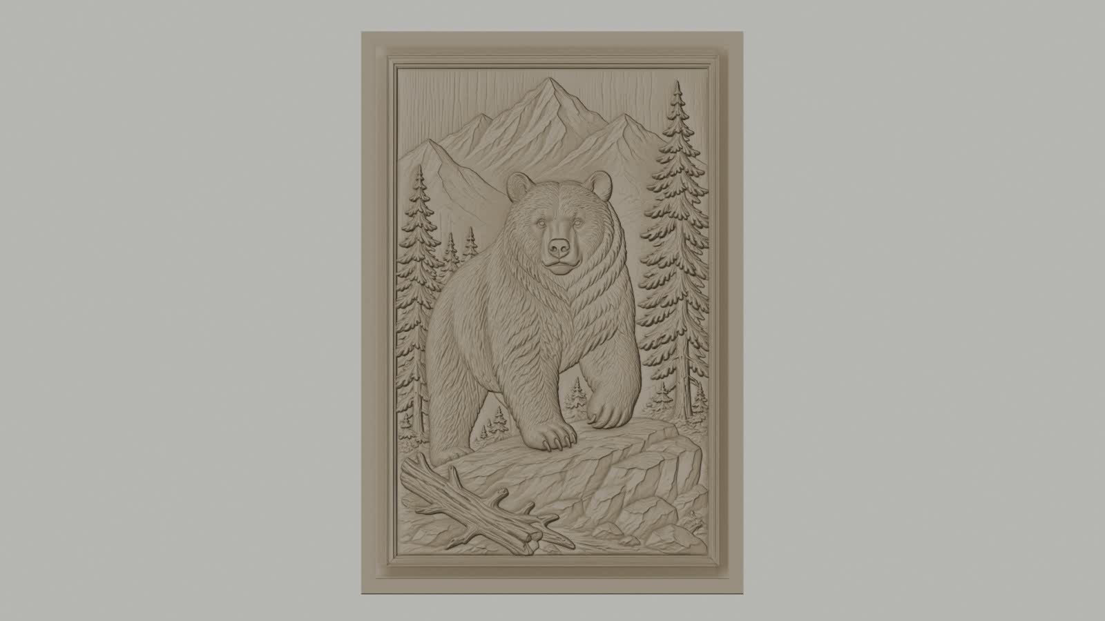 Fichier CNC & impression 3D Ours dans paysage montagneux avec arbres et rochers, haute qualité relief STL