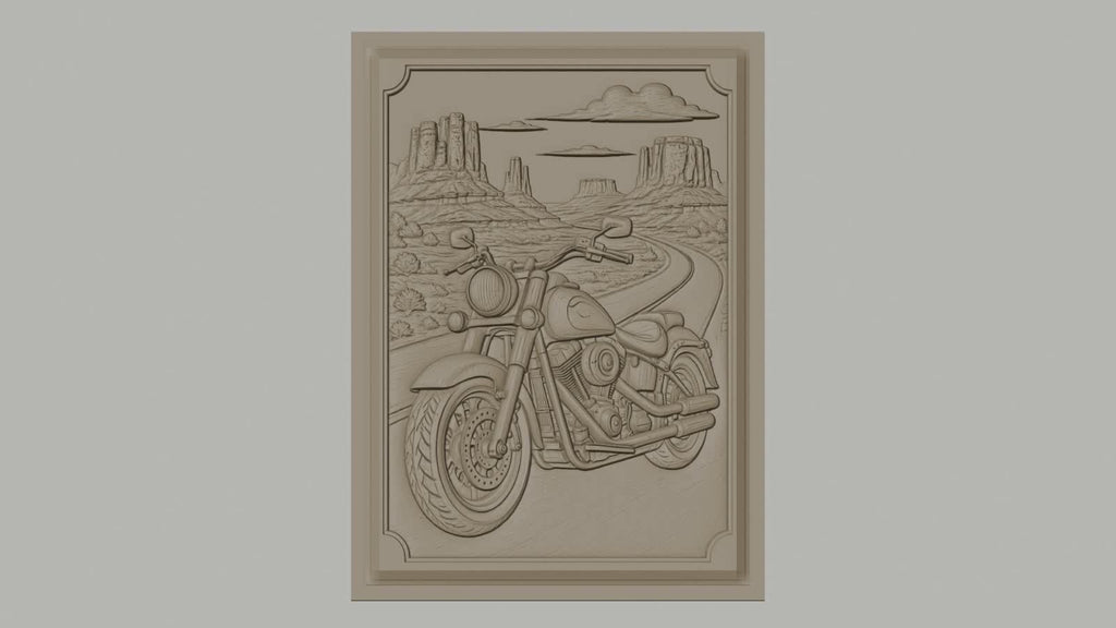 Fichier CNC & impression 3D moto cruiser, route désertique avec buttes et nuages, haute qualité relief STL