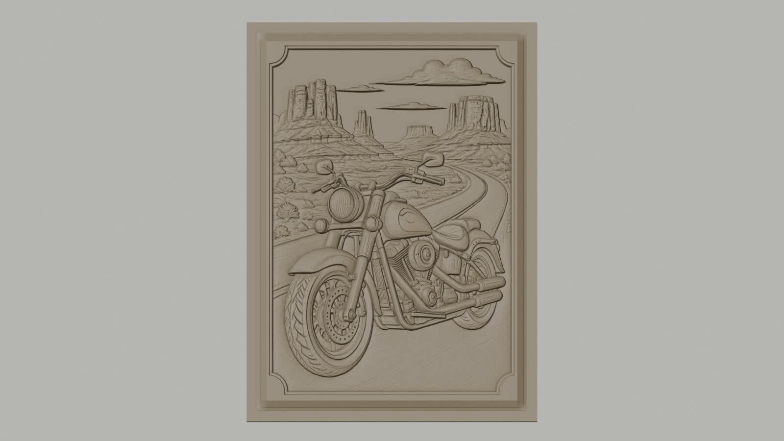 Fichier CNC & impression 3D moto cruiser, route désertique avec buttes et nuages, haute qualité relief STL