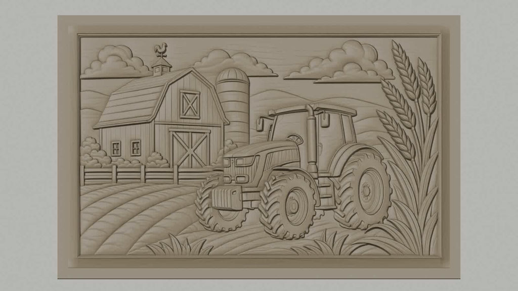 Fichier CNC & impression 3D paysage agricole, tracteur, grange, silo, épis de blé, haute qualité relief STL