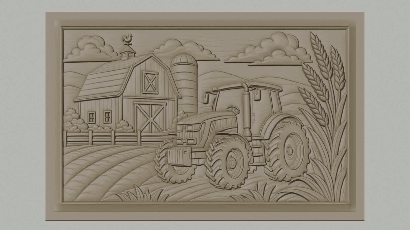 Fichier CNC & impression 3D paysage agricole, tracteur, grange, silo, épis de blé, haute qualité relief STL