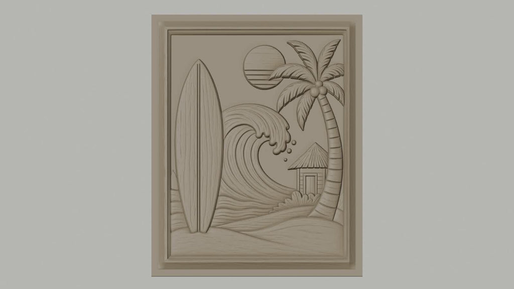 Fichier CNC & impression 3D thème plage, surf, palmier, vague et cabane, haute qualité relief STL