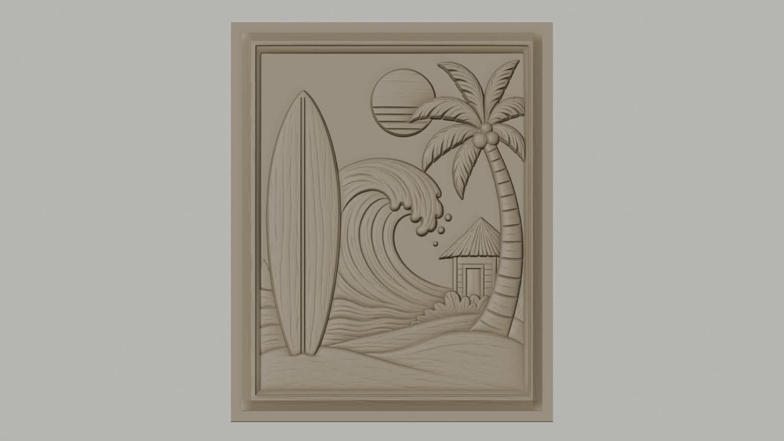 Fichier CNC & impression 3D thème plage, surf, palmier, vague et cabane, haute qualité relief STL