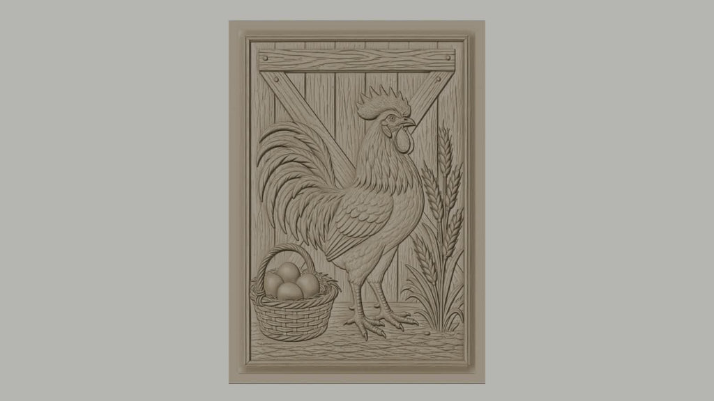 Fichier CNC & impression 3D coq, panier d'œufs et épis de blé, haute qualité relief STL