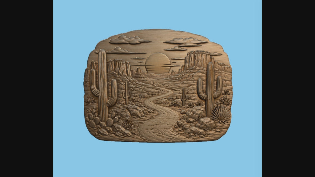 CNC & impression 3D relief désert western, cactus saguaro, route et coucher de soleil, sculpture bois fichier STL haute qualité