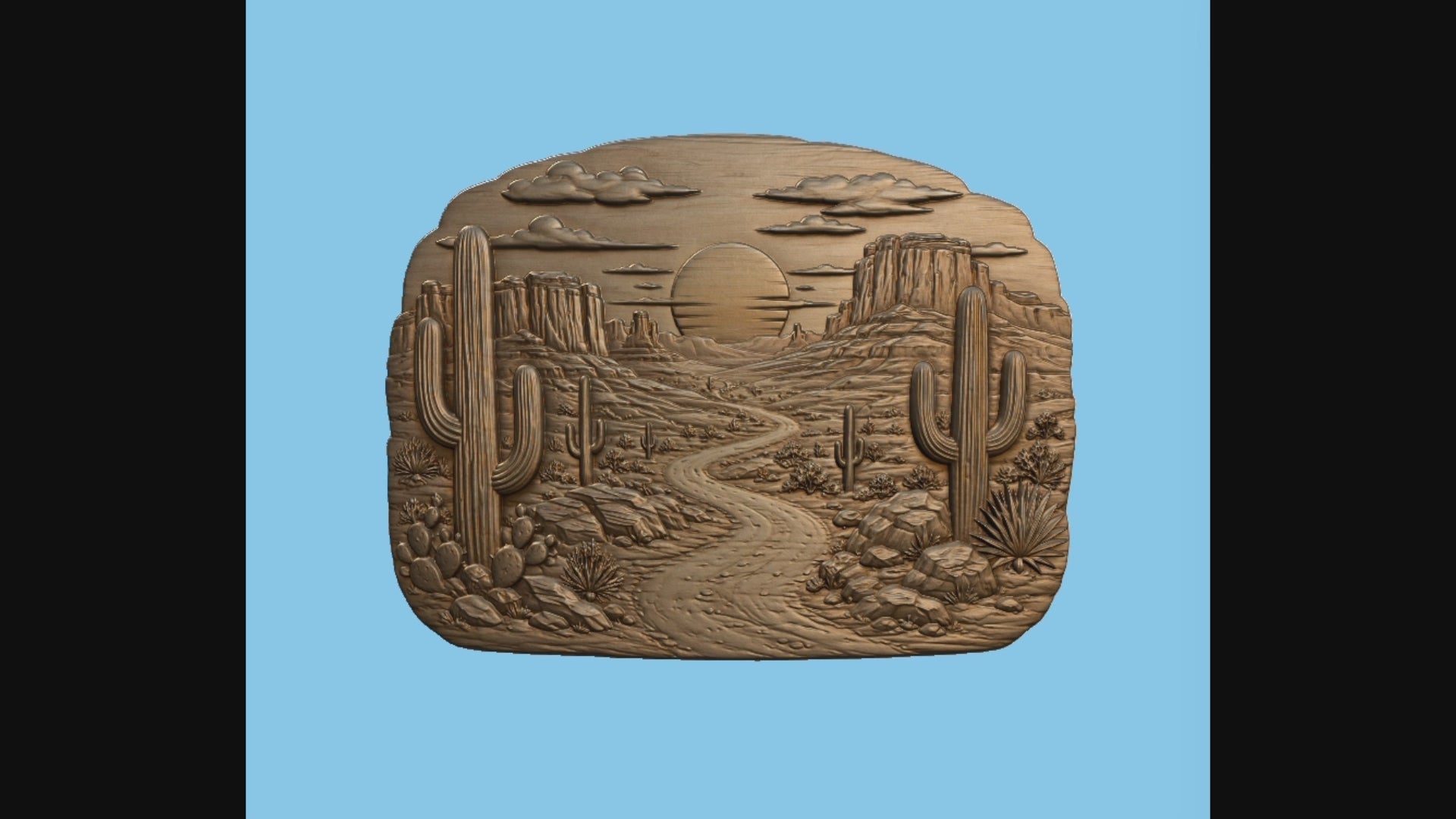 CNC & impression 3D relief désert western, cactus saguaro, route et coucher de soleil, sculpture bois fichier STL haute qualité