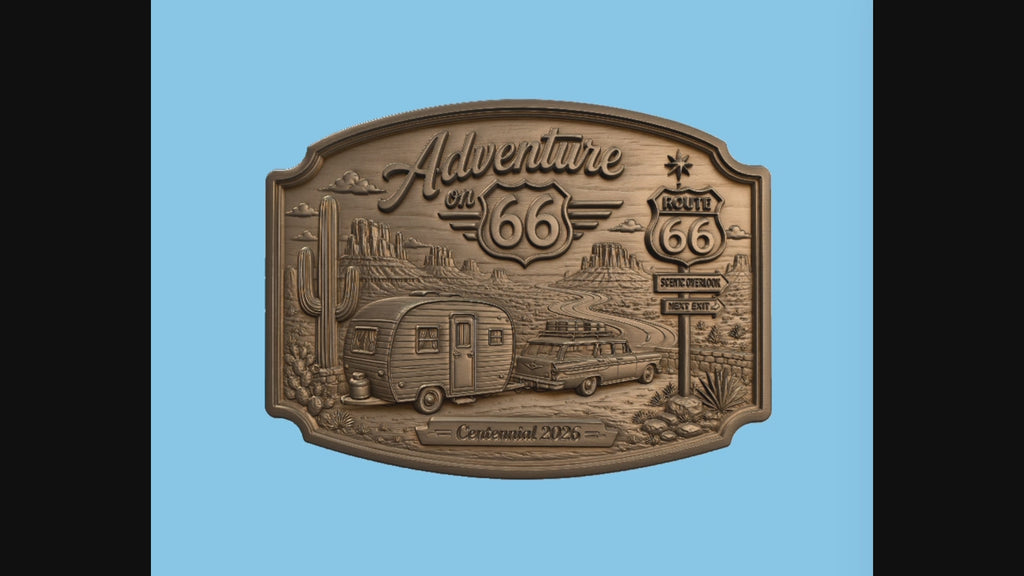 CNC & impression 3D relief Route 66 Adventure, caravane vintage, voiture classique, désert, fichier STL de haute qualité