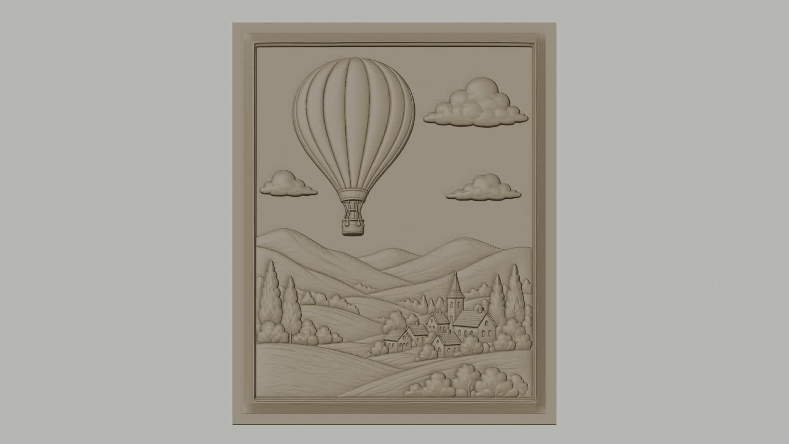 Fichier CNC & impression 3D montgolfière, village, collines, nuages, haute qualité relief STL