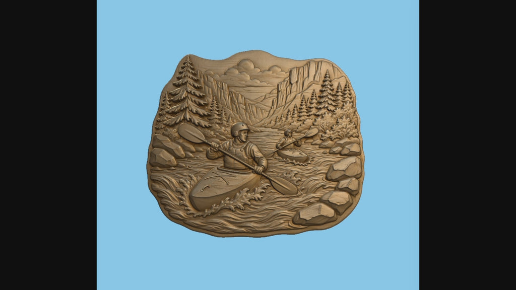 CNC & impression 3D relief kayak en rivière, rapides, montagnes et forêt, fichier STL très haute qualité