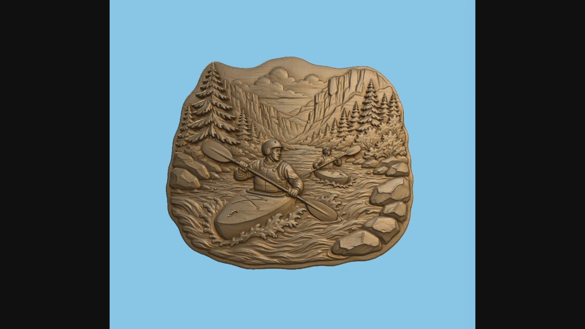 CNC & impression 3D relief kayak en rivière, rapides, montagnes et forêt, fichier STL très haute qualité