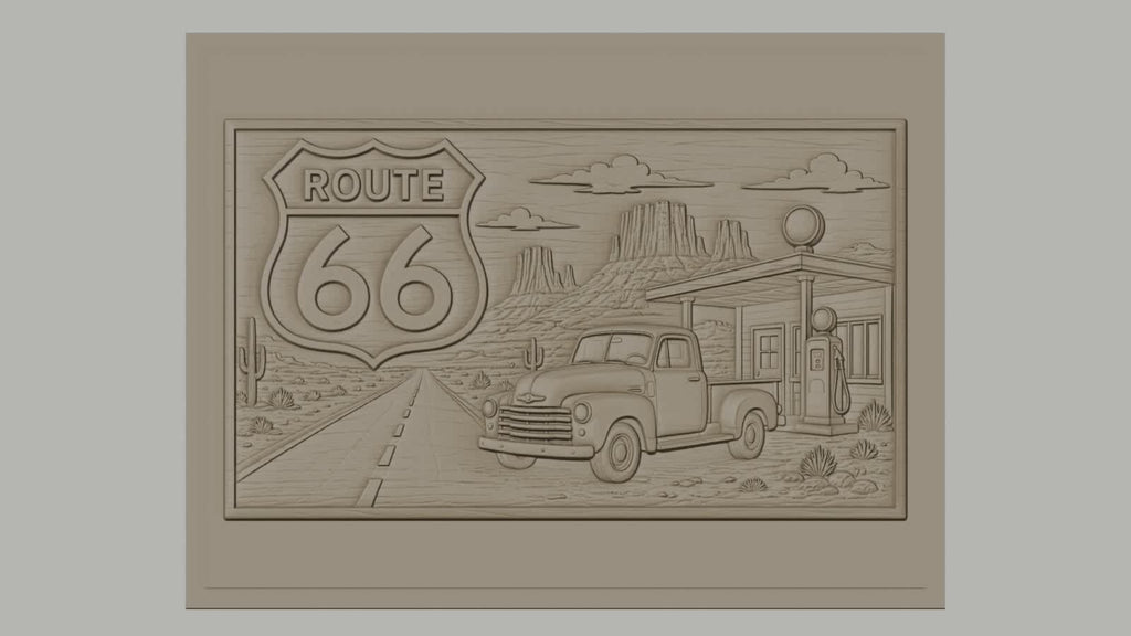 Fichier CNC & impression 3D Route 66, pick-up ancien et station-service, haute qualité relief STL
