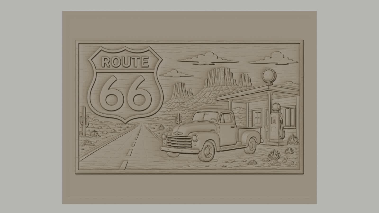 Fichier CNC & impression 3D Route 66, pick-up ancien et station-service, haute qualité relief STL